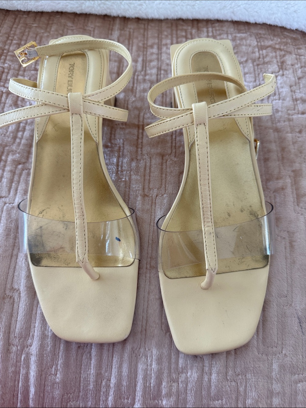 Toral Cream T-Strap Heeled Sandals with Clear Toe Band Tory Burch